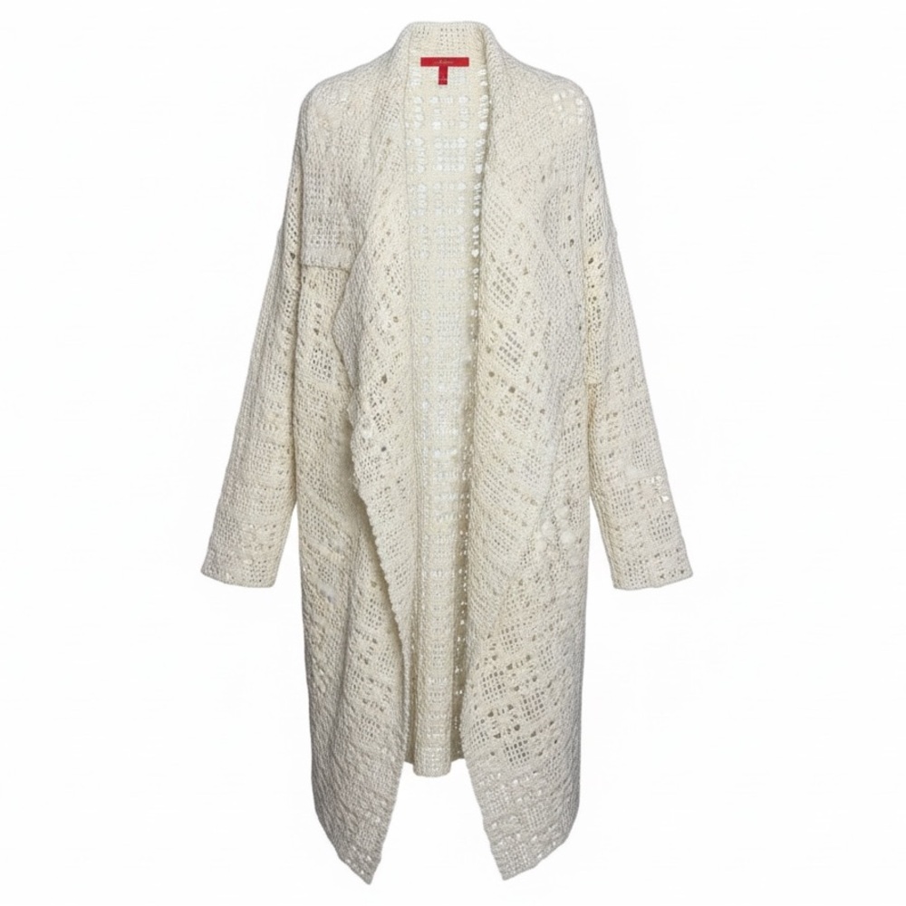 Shamask White Crochet Knit Duster Cardigan Wool Silk